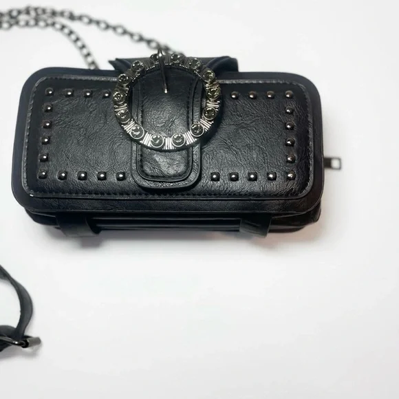 Black Studded Festival Crossbody Bag - Rhinestone Buckle Wallet Clutch - Picture 1 of 9
